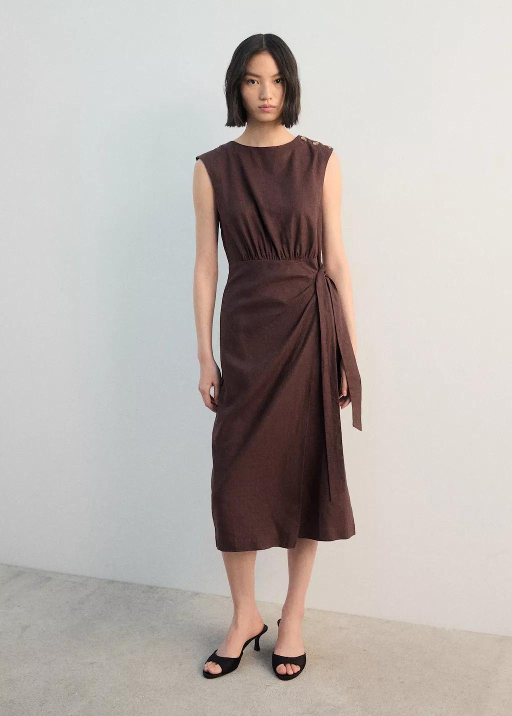Brown Linen Wrap Dress, Dark Brown, large image number 0