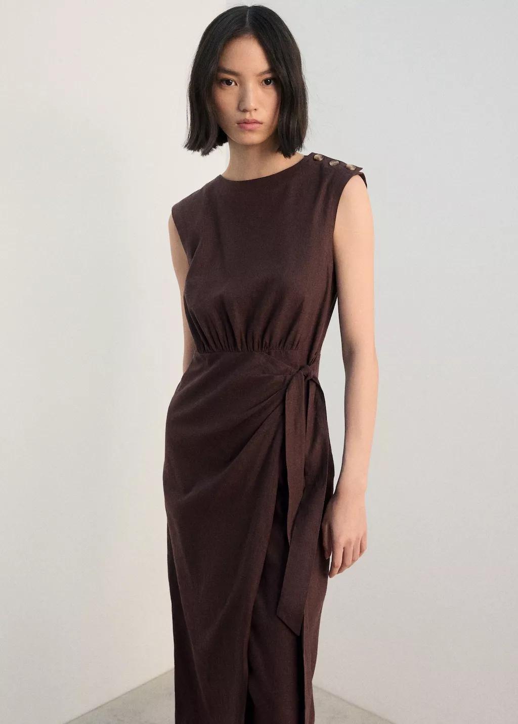 Brown Linen Wrap Dress, Dark Brown, large image number 3