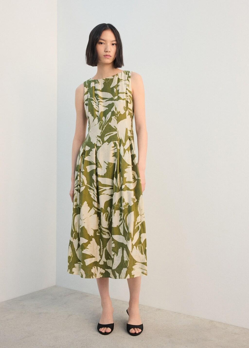 Green Floral-Print Flared Dress, Green, large image number 0