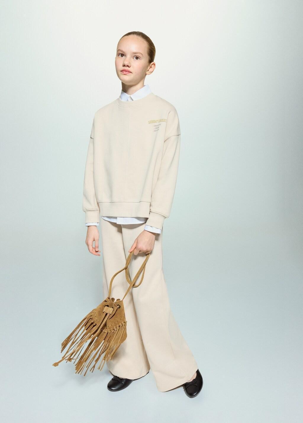 Beige Printed Cotton Sweatshirt, Kids Girls, Light Beige, large image number 0