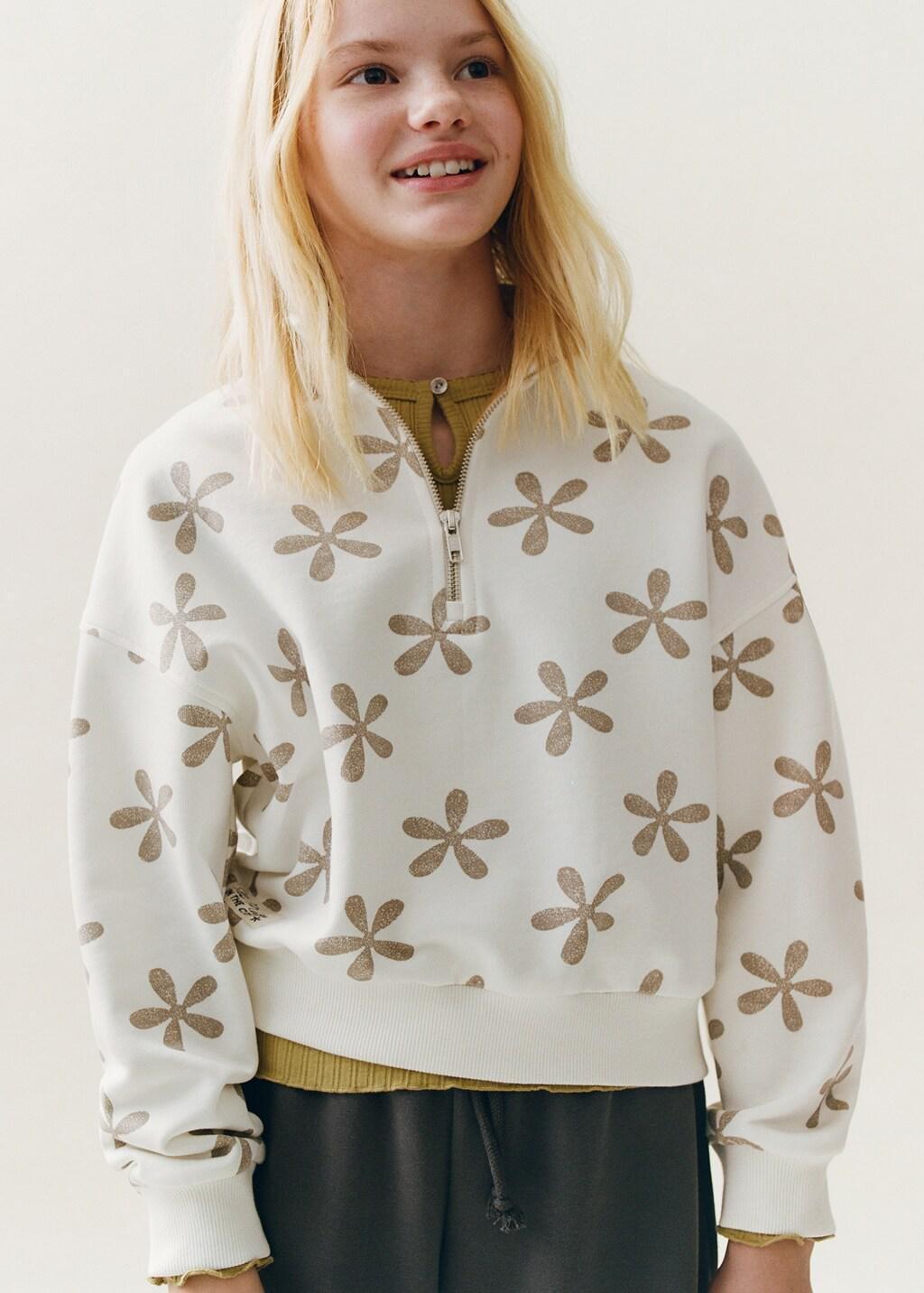 White Floral Printed Sweatshirt, Kids Girls, Natural White, large image number 0