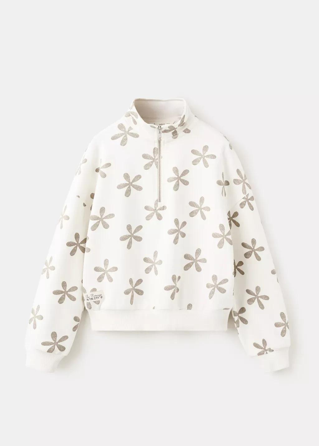 White Floral Printed Sweatshirt, Kids Girls, Natural White, large image number 6