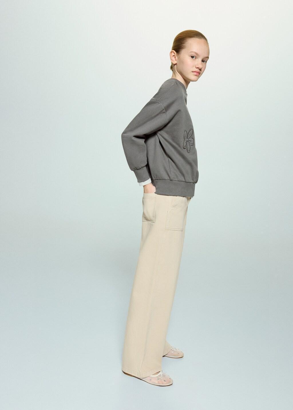 Grey Cotton Sweatshirt With Embroidered Flowers, Kids Girls, Charcoal, large image number 0