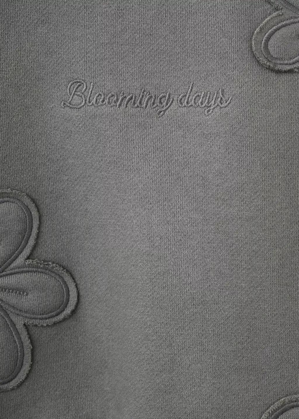 Grey Cotton Sweatshirt With Embroidered Flowers, Kids Girls, Charcoal, large image number 1