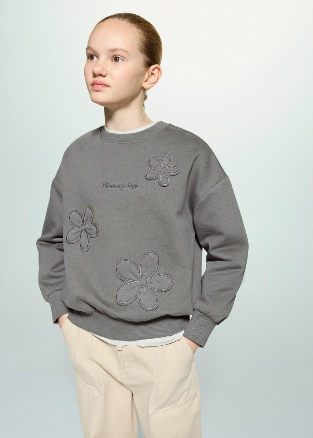 Grey Cotton Sweatshirt With Embroidered Flowers, Kids Girls, Charcoal, large image number 3