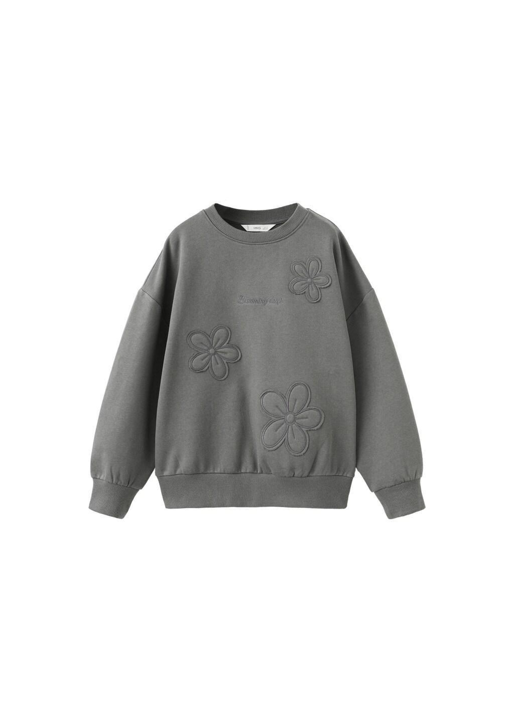 Grey Cotton Sweatshirt With Embroidered Flowers, Kids Girls, Charcoal, large image number 5