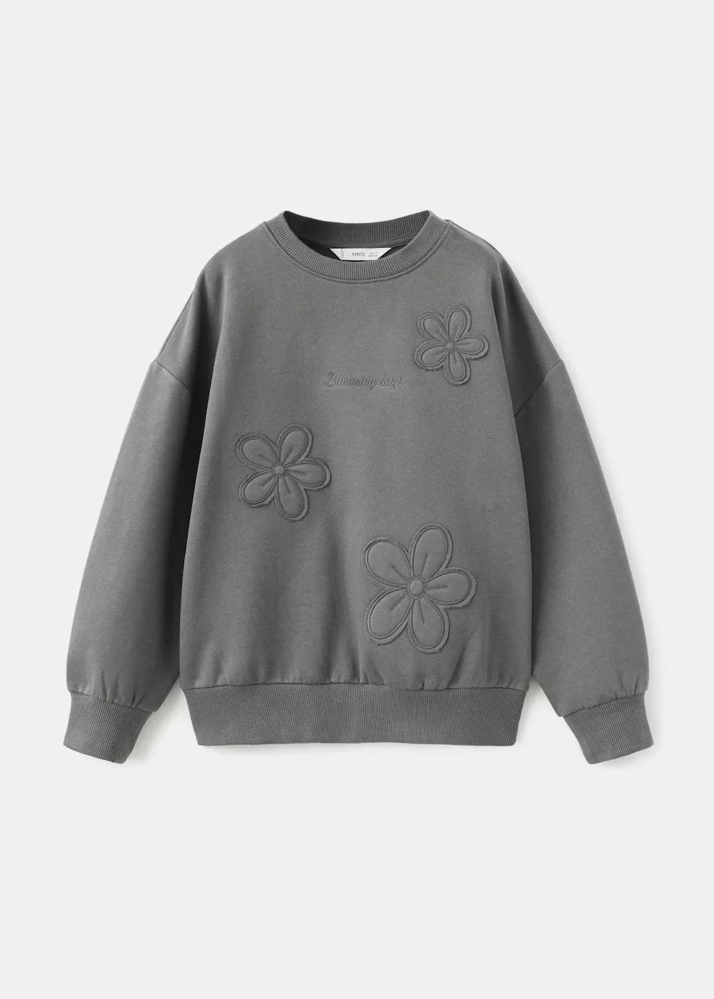 Grey Cotton Sweatshirt With Embroidered Flowers, Kids Girls, Charcoal, large image number 6