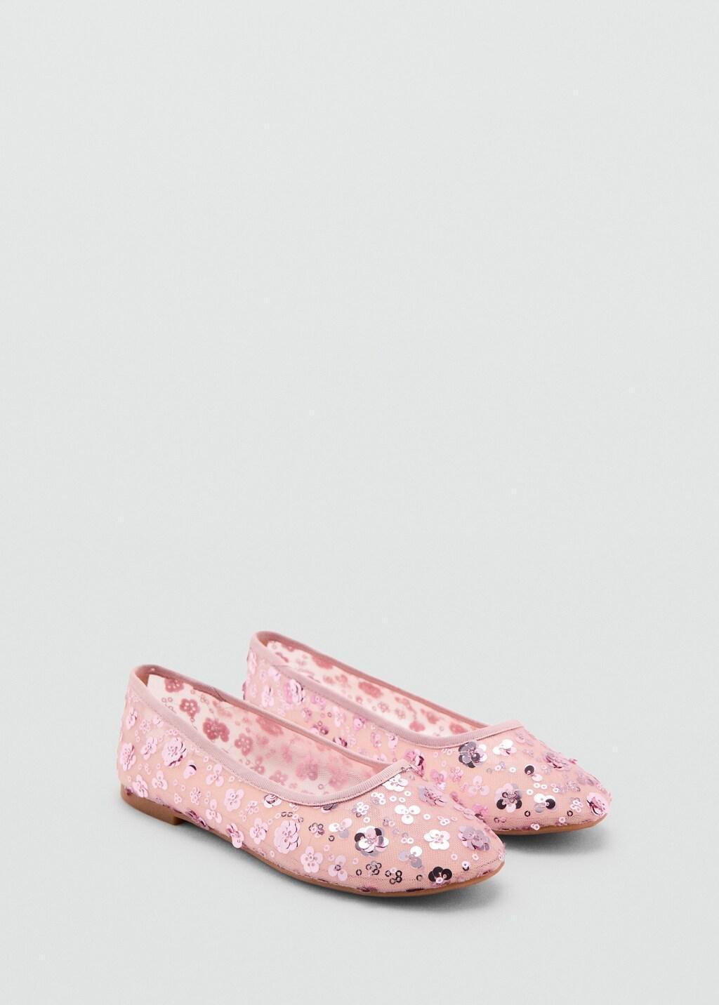 Pink Mesh Rhinestone Ballet Flats, Kids Girls, Light-Pastel Pink, medium