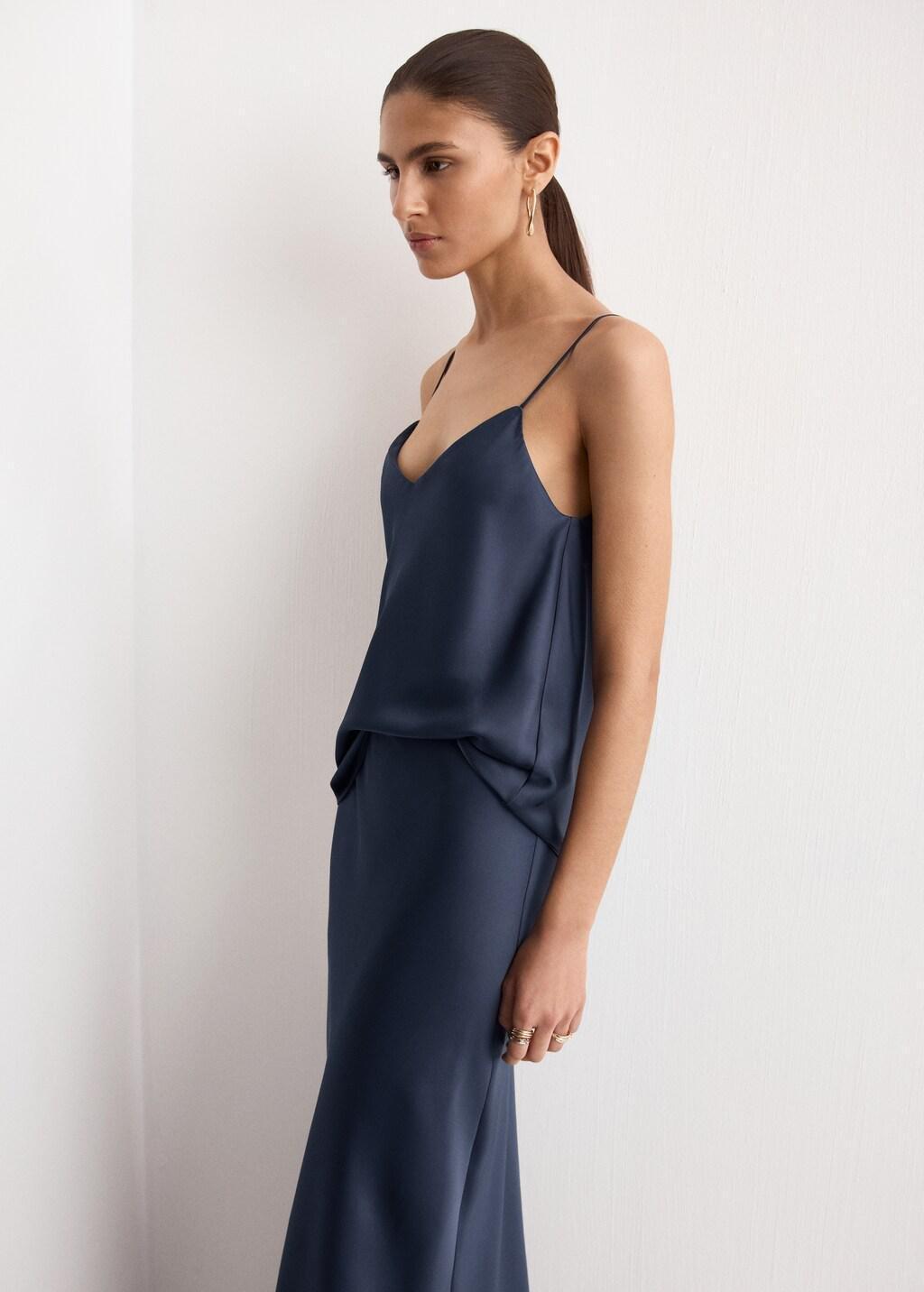 Blue Satin Top With Straps, Dark Blue, large image number 3