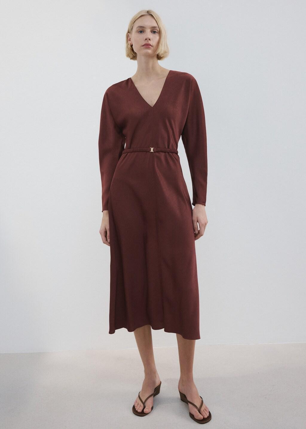 Maroon Belted V-Neck Dress, Dark Red, large image number 0