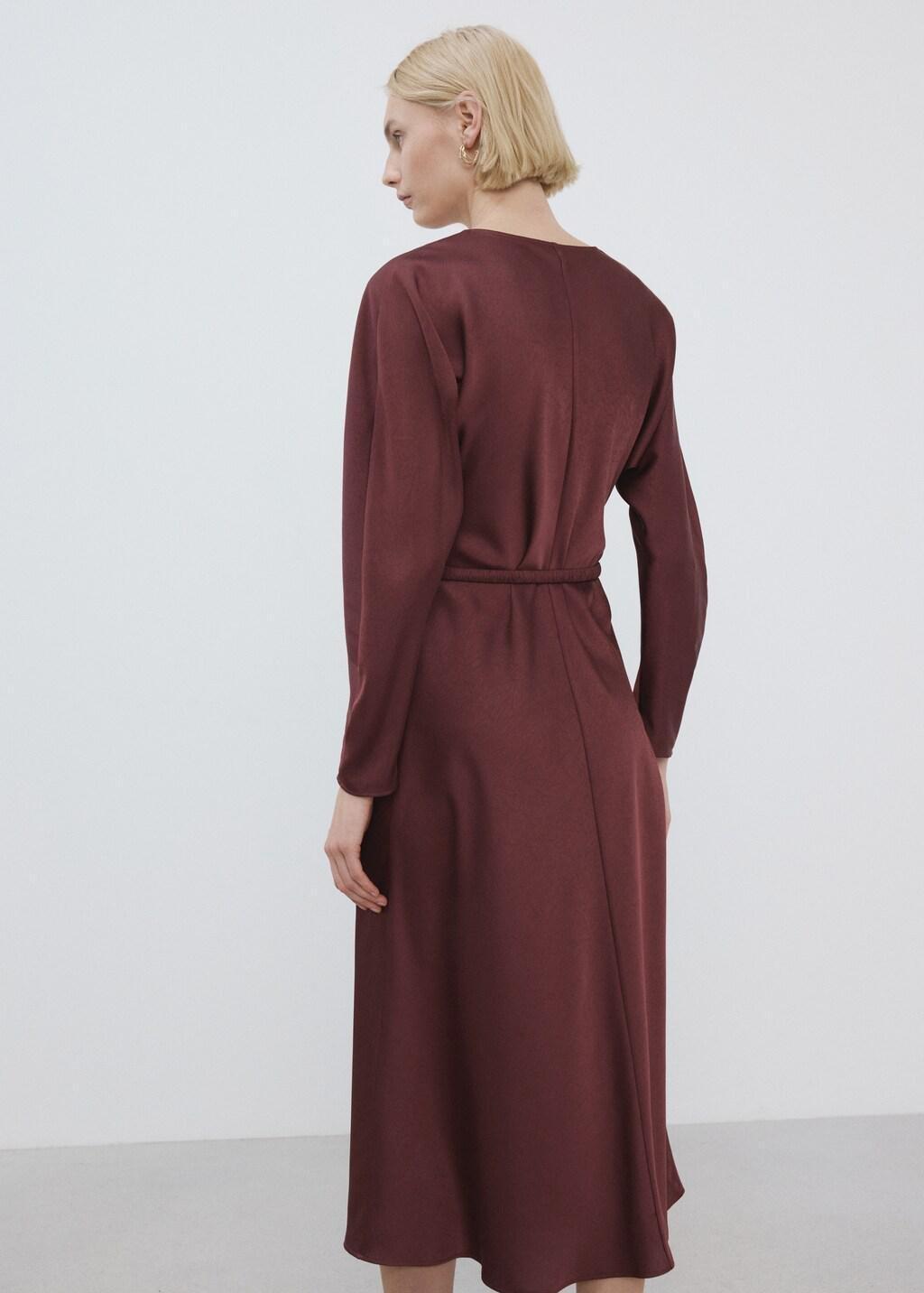Maroon Belted V-Neck Dress, Dark Red, large image number 2