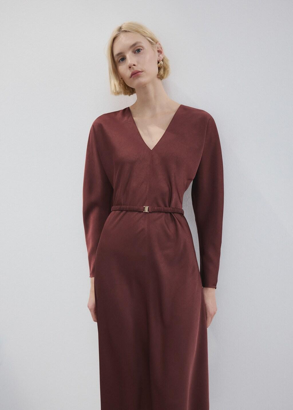 Maroon Belted V-Neck Dress, Dark Red, large image number 3