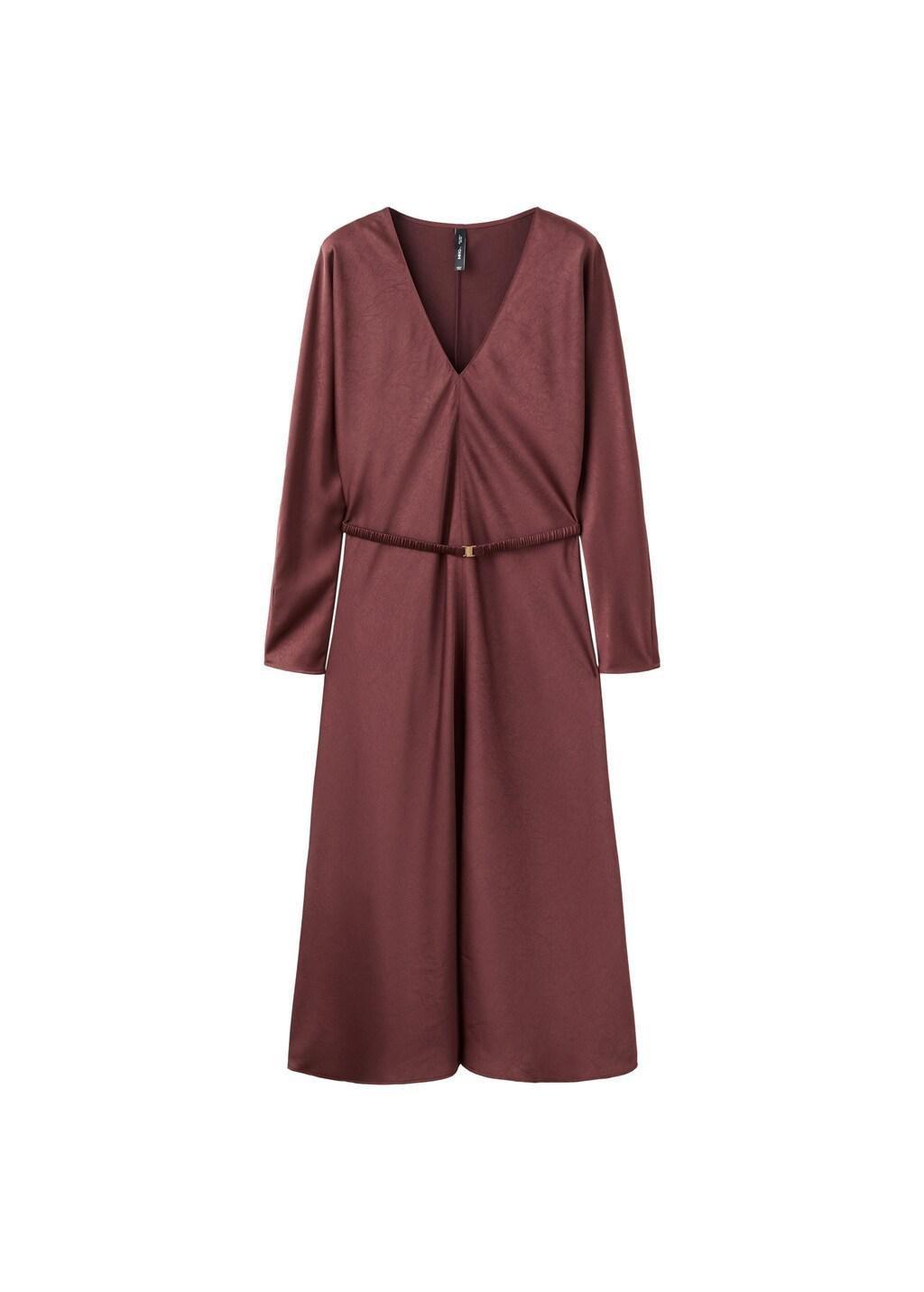 Maroon Belted V-Neck Dress, Dark Red, large image number 6