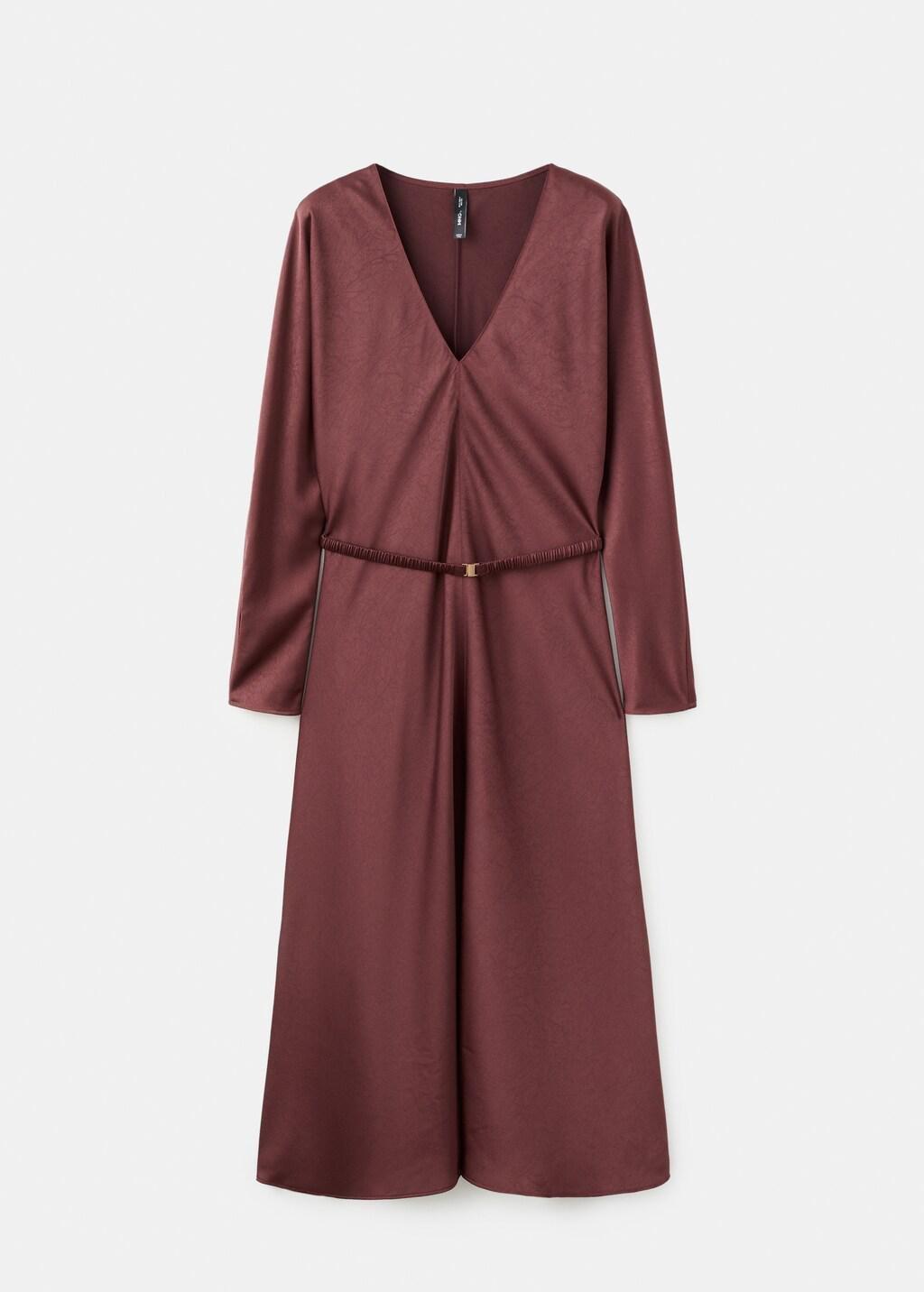 Maroon Belted V-Neck Dress, Dark Red, large image number 7