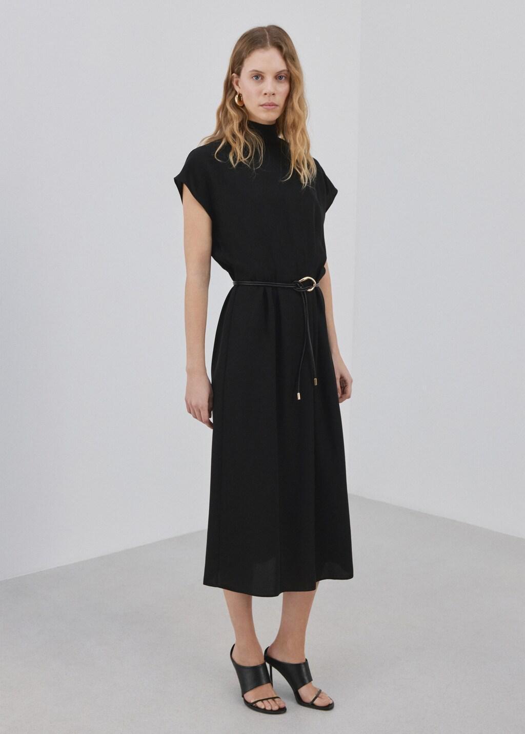 Black Lyocell Dress With Belt, Black, medium