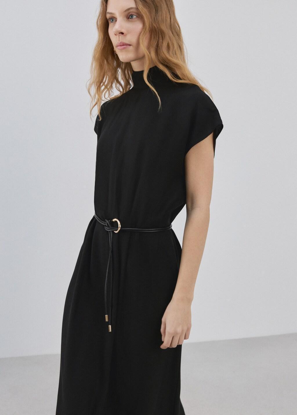 Black Lyocell Dress With Belt, Black, large image number 3