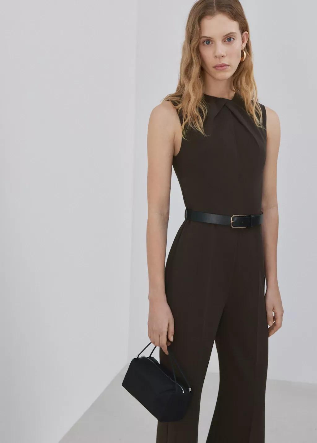 Brown Jumpsuit With Draped Detail Belt, Brown, large image number 3