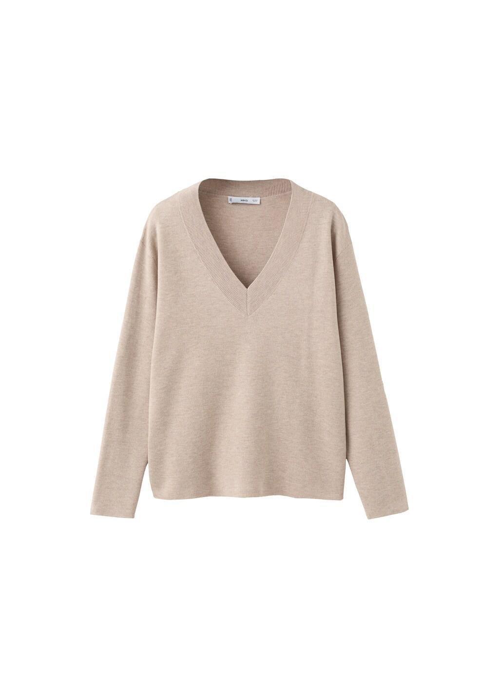 Beige V-Neck Knit Sweater, 0201_06, large image number 6