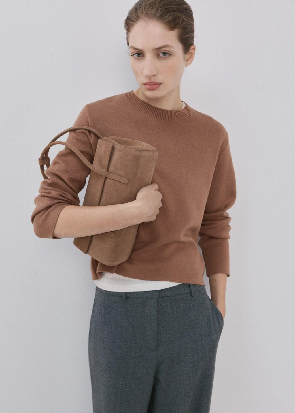 Brown Round-Neck Knitted Sweater, Medium Brown, large image number 3