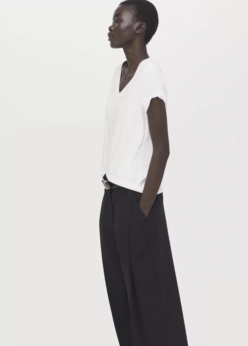 White V-Neck Cotton T-Shirt, 0201_01, large image number 3