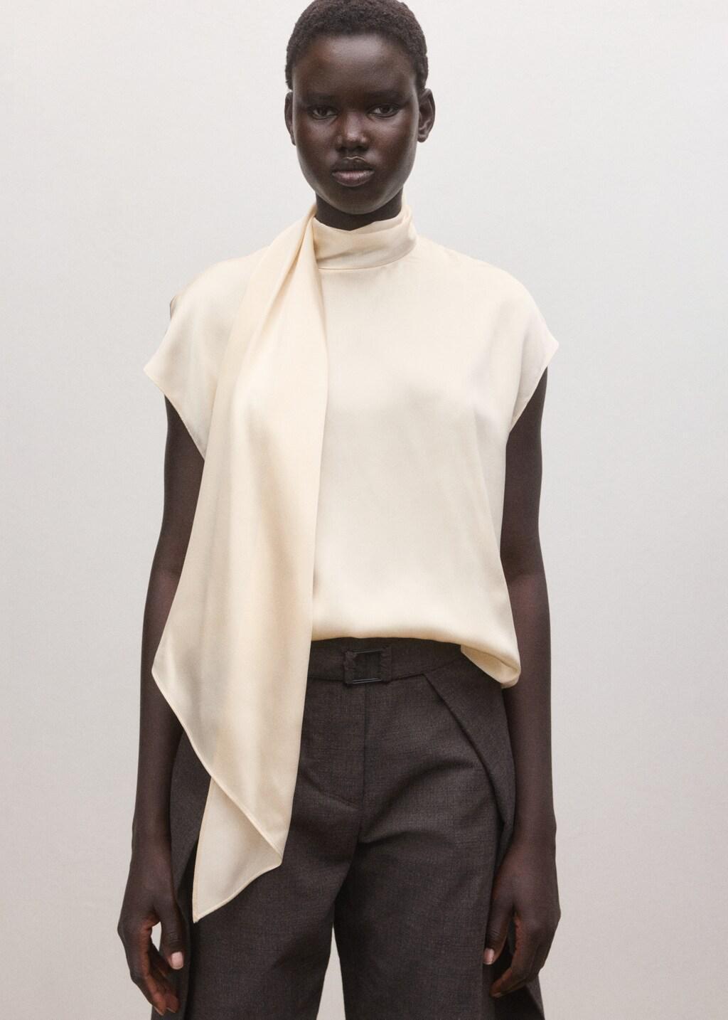 Beige Silk Blouse With Foulard Collar, Light Beige, large image number 3