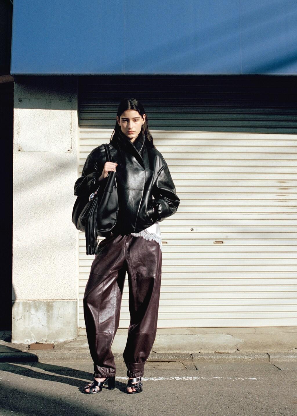 Black Bomber Jacket With Wrap-Around Collar In Leather, Black, large image number 0
