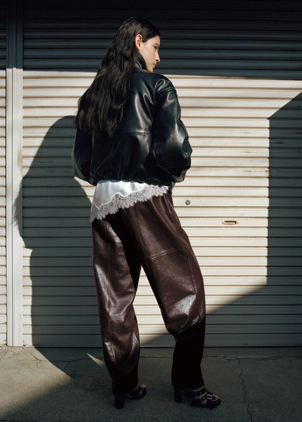 Black Bomber Jacket With Wrap-Around Collar In Leather, Black, large image number 2