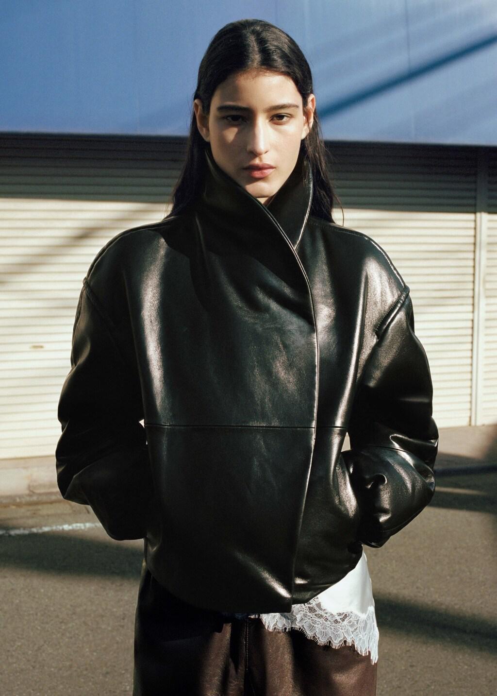 Black Bomber Jacket With Wrap-Around Collar In Leather, Black, large image number 3