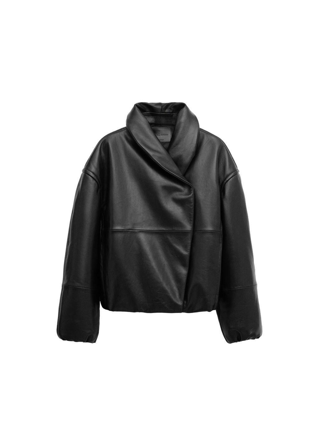 Black Bomber Jacket With Wrap-Around Collar In Leather, Black, large image number 5