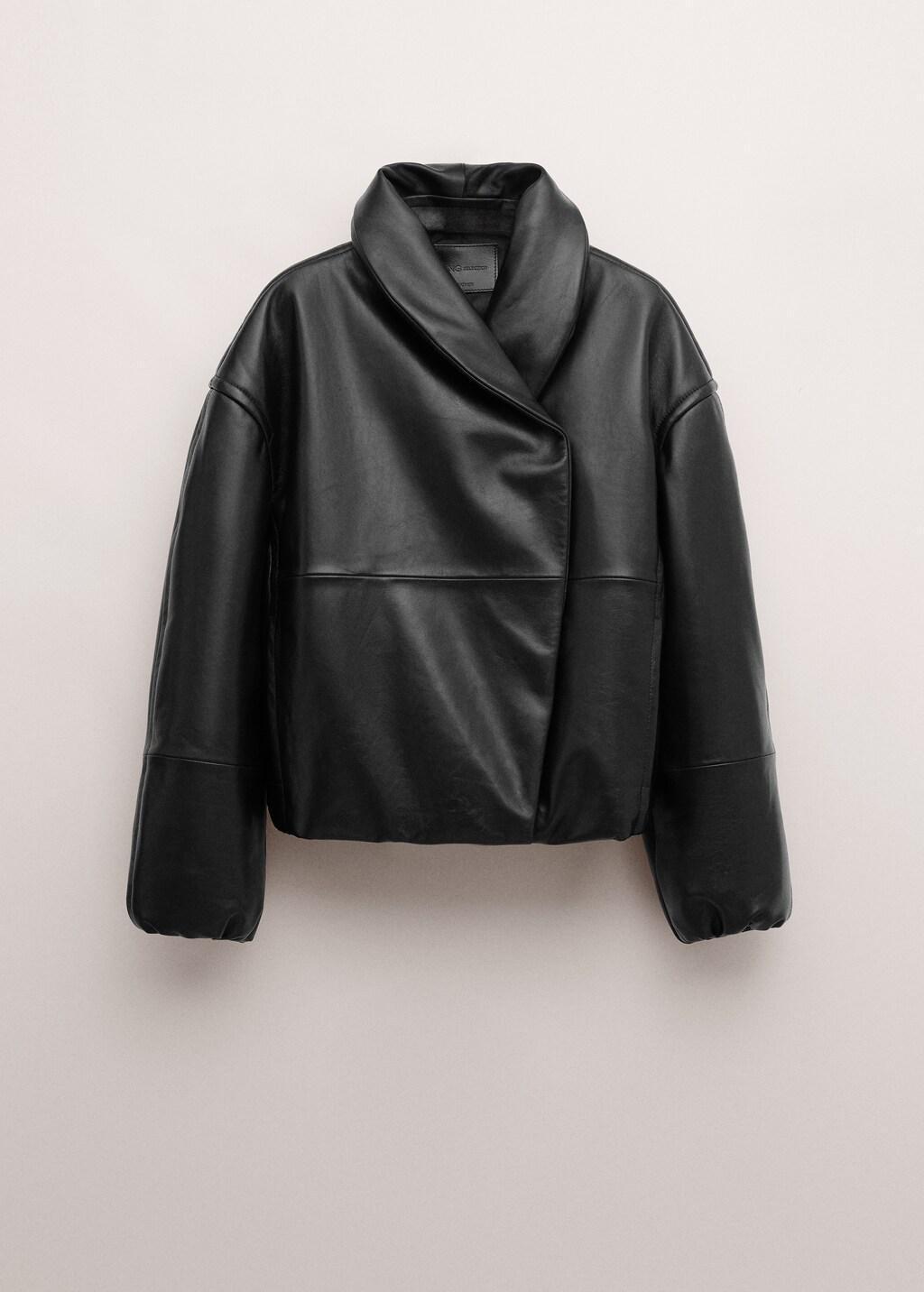 Black Bomber Jacket With Wrap-Around Collar In Leather, Black, large image number 6