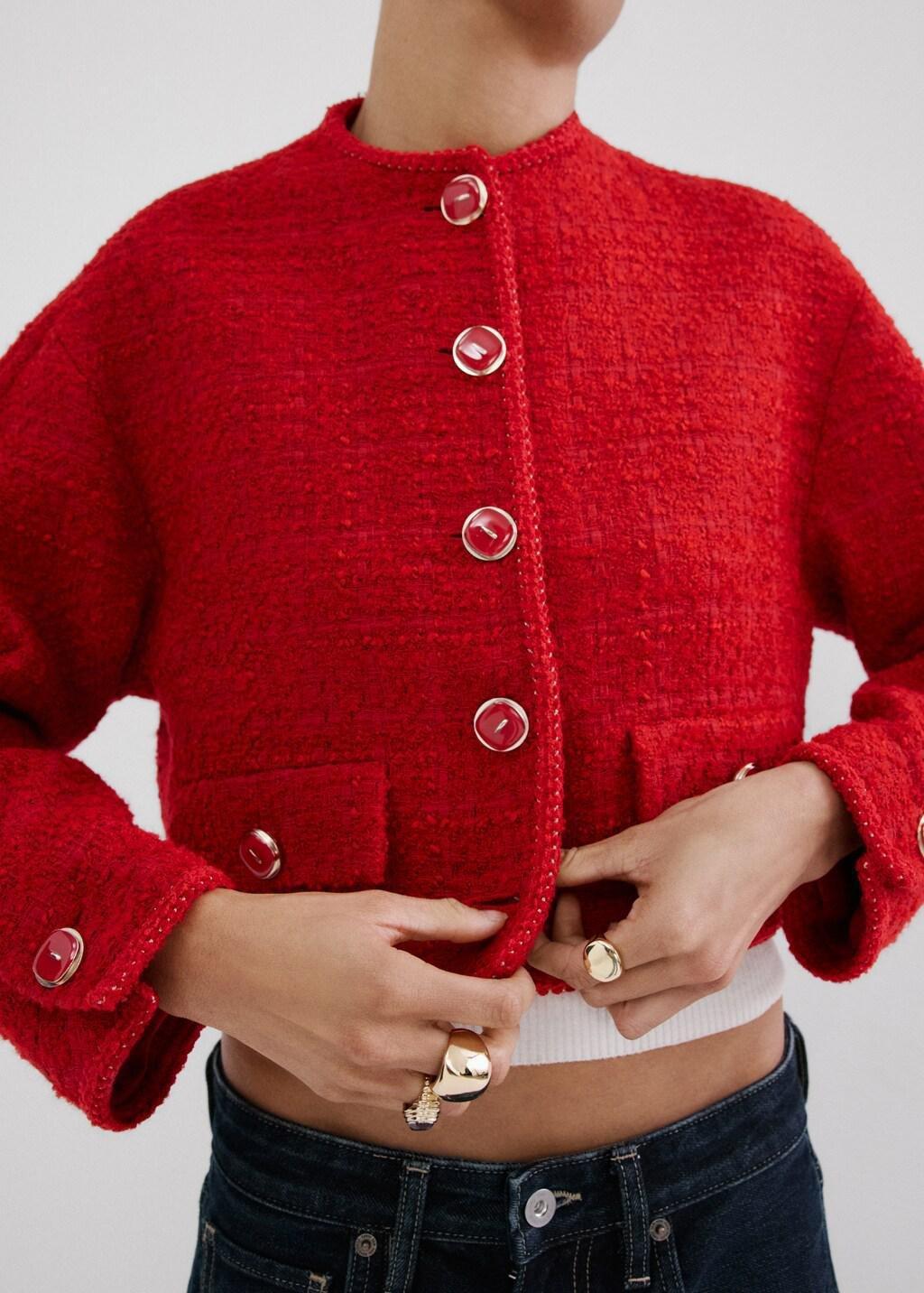 Red Tweed Jacket With Jewel Buttons, Red, large image number 3