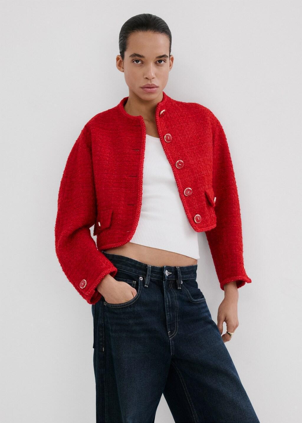 Red Tweed Jacket With Jewel Buttons, Red, large image number 4