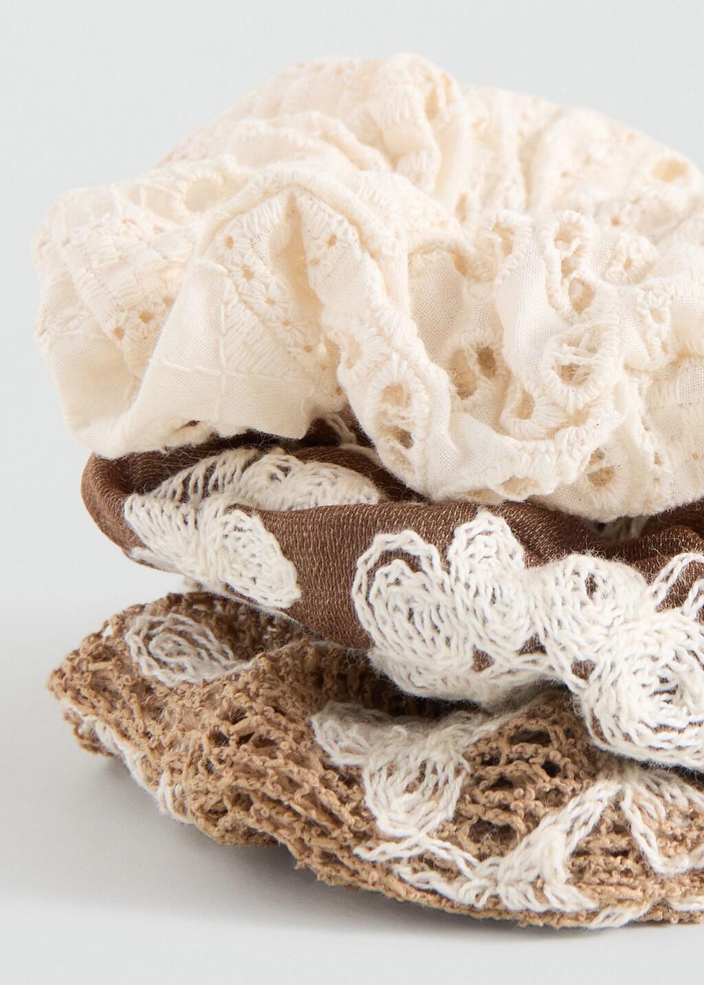 Brown Lt Pastel Pack Of 3 Embroidered Scrunchies, Kids Girl, Light Pastel Brown, large image number 0