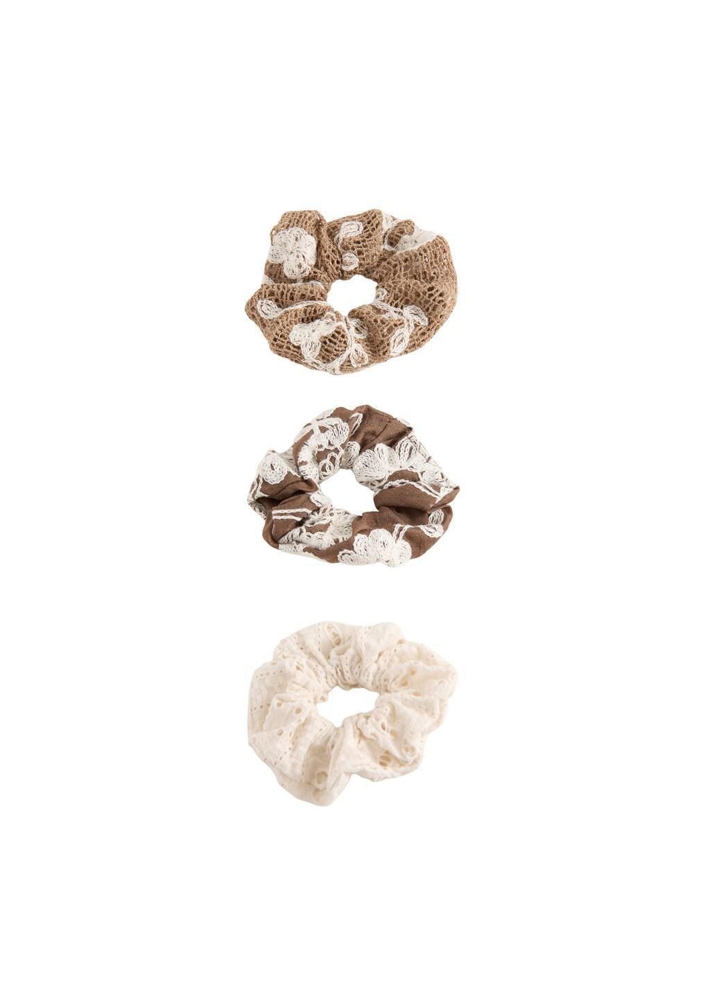 Brown Lt Pastel Pack Of 3 Embroidered Scrunchies, Kids Girl, Light Pastel Brown, large image number 1