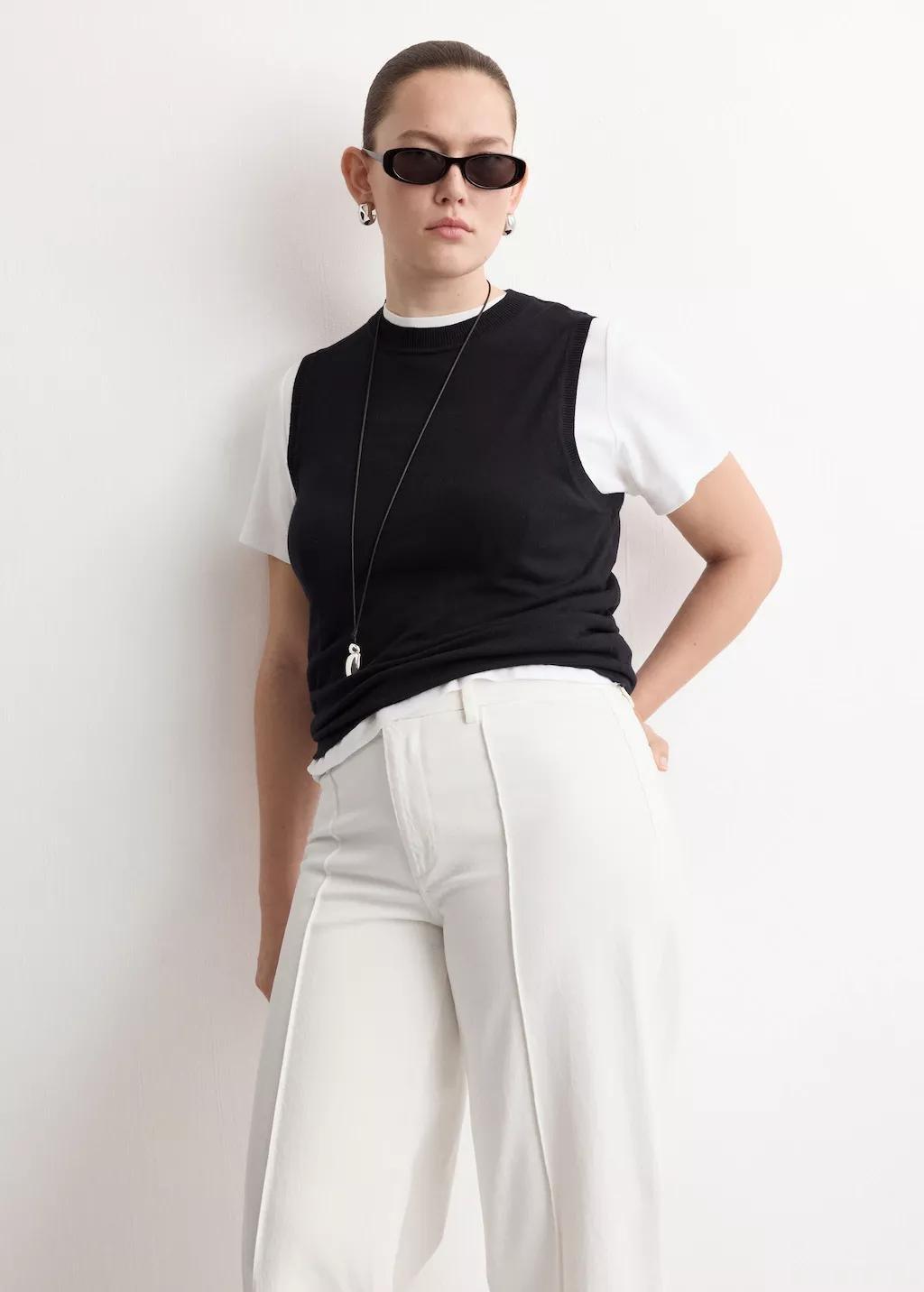 WHITE High-waisted wide leg jeans with stitching, 0201_01, large image number 6