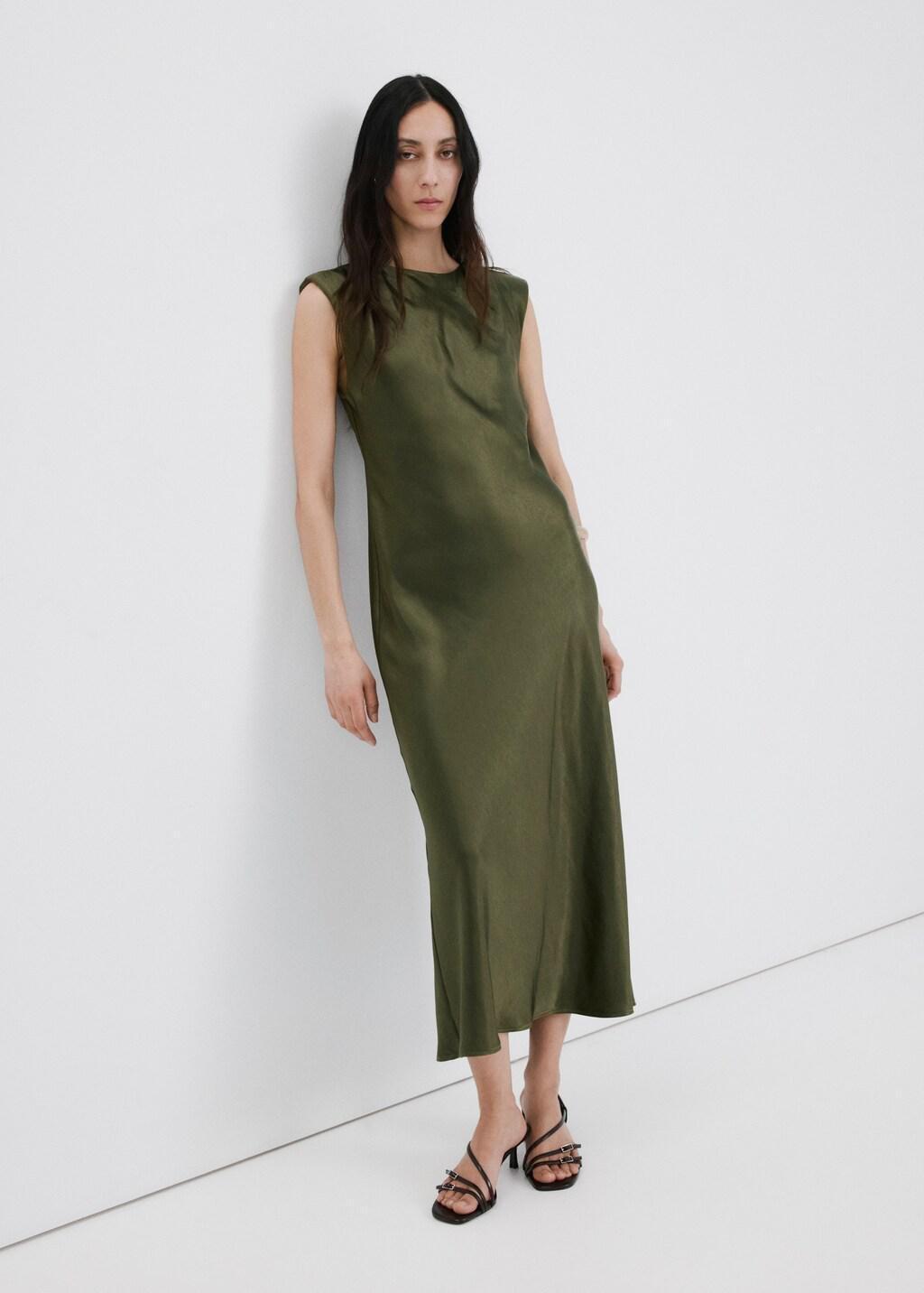 Green Satin Dress With Shoulder Pads, 0201_43, large image number 0