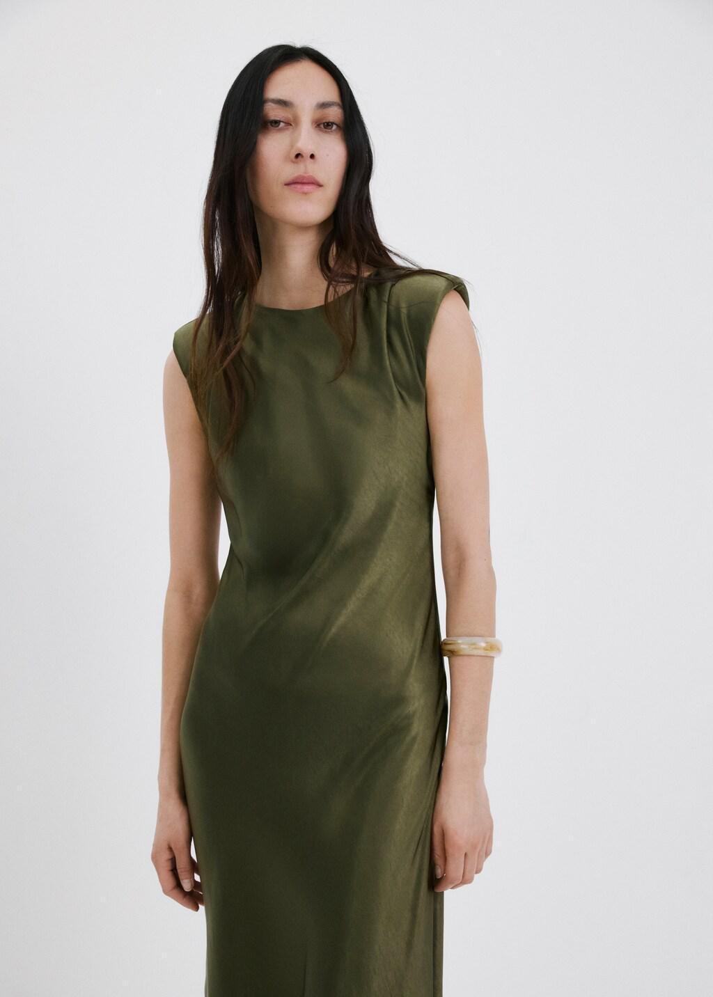 Green Satin Dress With Shoulder Pads, Green, large image number 3