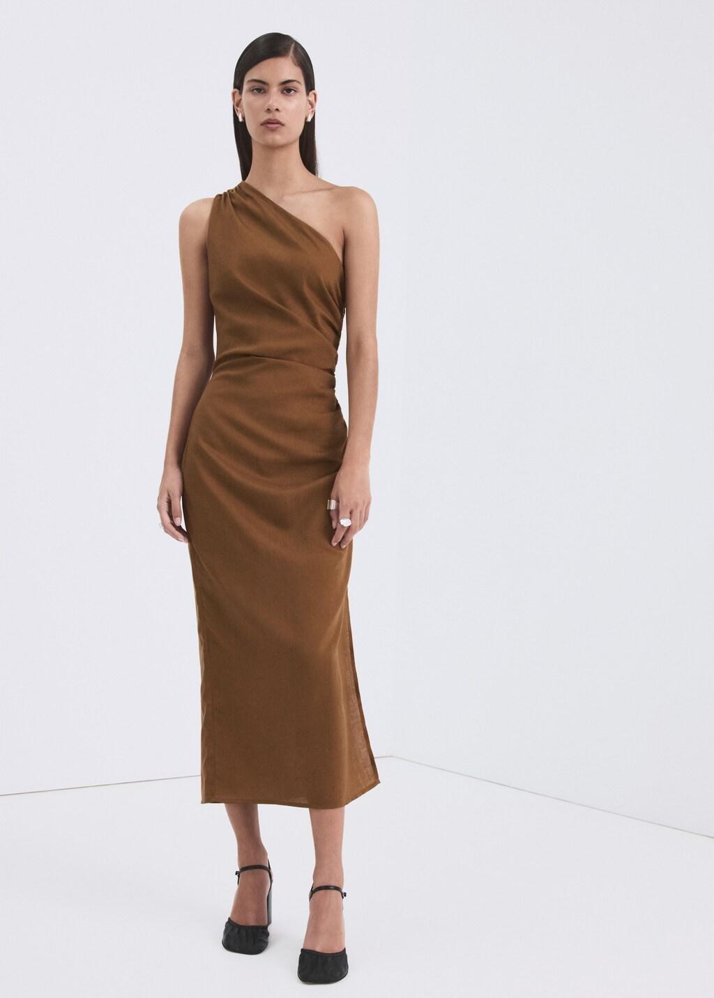 Brown Asymmetrical Dress With Side Slit, Medium Brown, medium