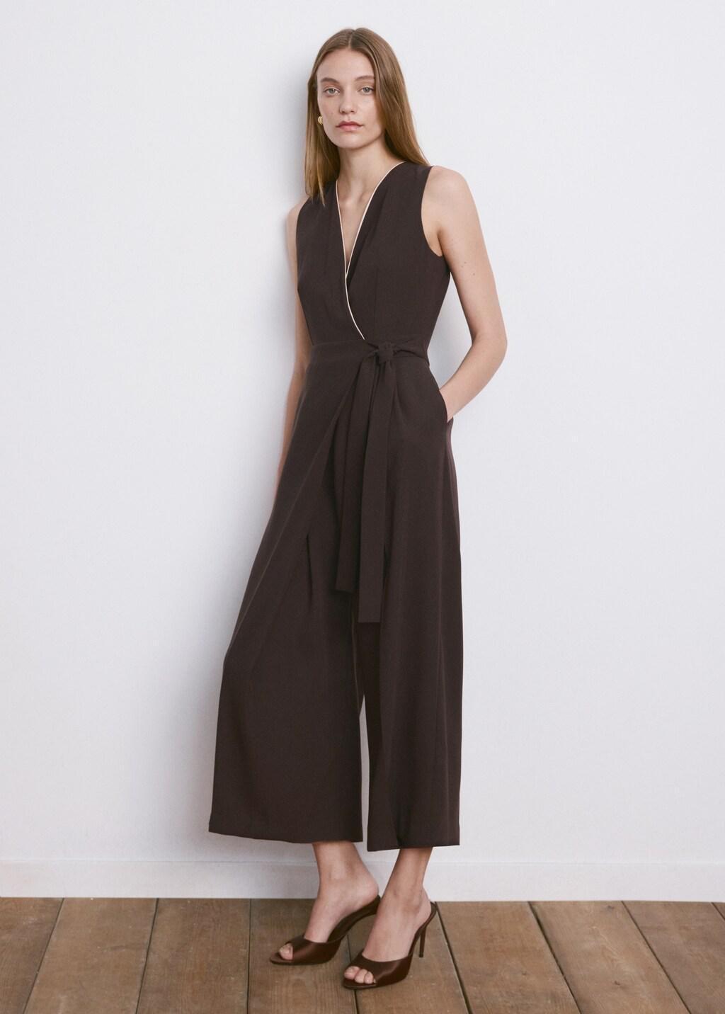 Brown Belt Wrap Jumpsuit, Dark Brown, large image number 0