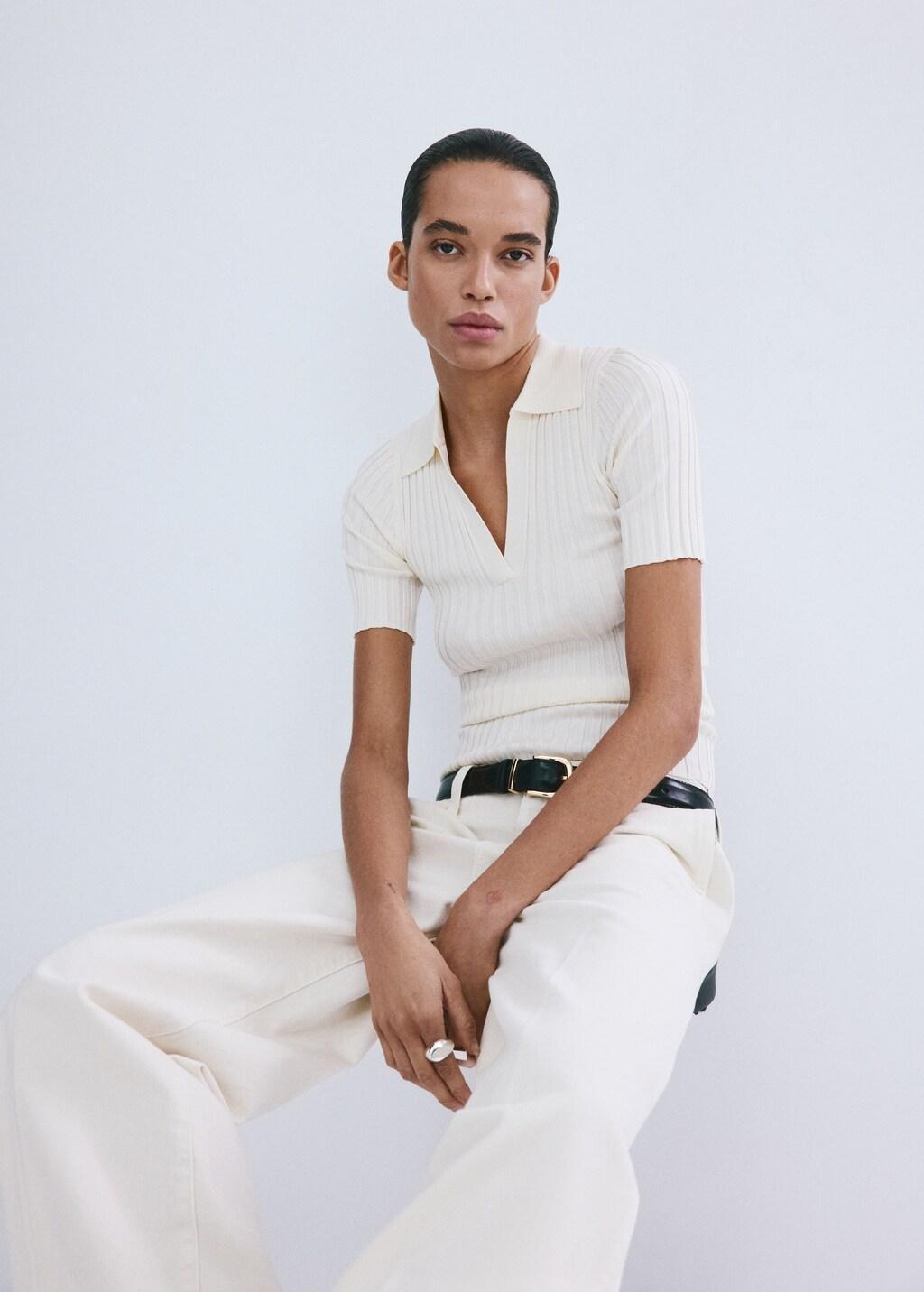 Beige V-Neck Knit Sweater, Light Beige, large image number 3