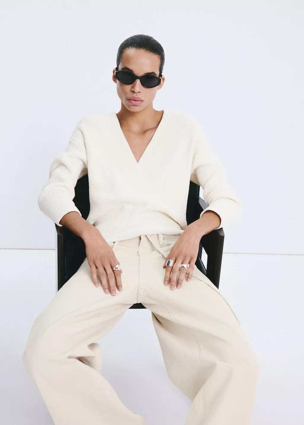 Beige Ribbed Crossover Neckline Jumper, Light Beige, large image number 3