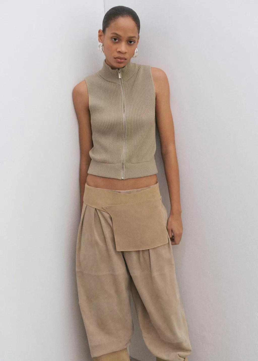 Khaki Ribbed Knitted Top With Zip, Beige - Khaki, large image number 3