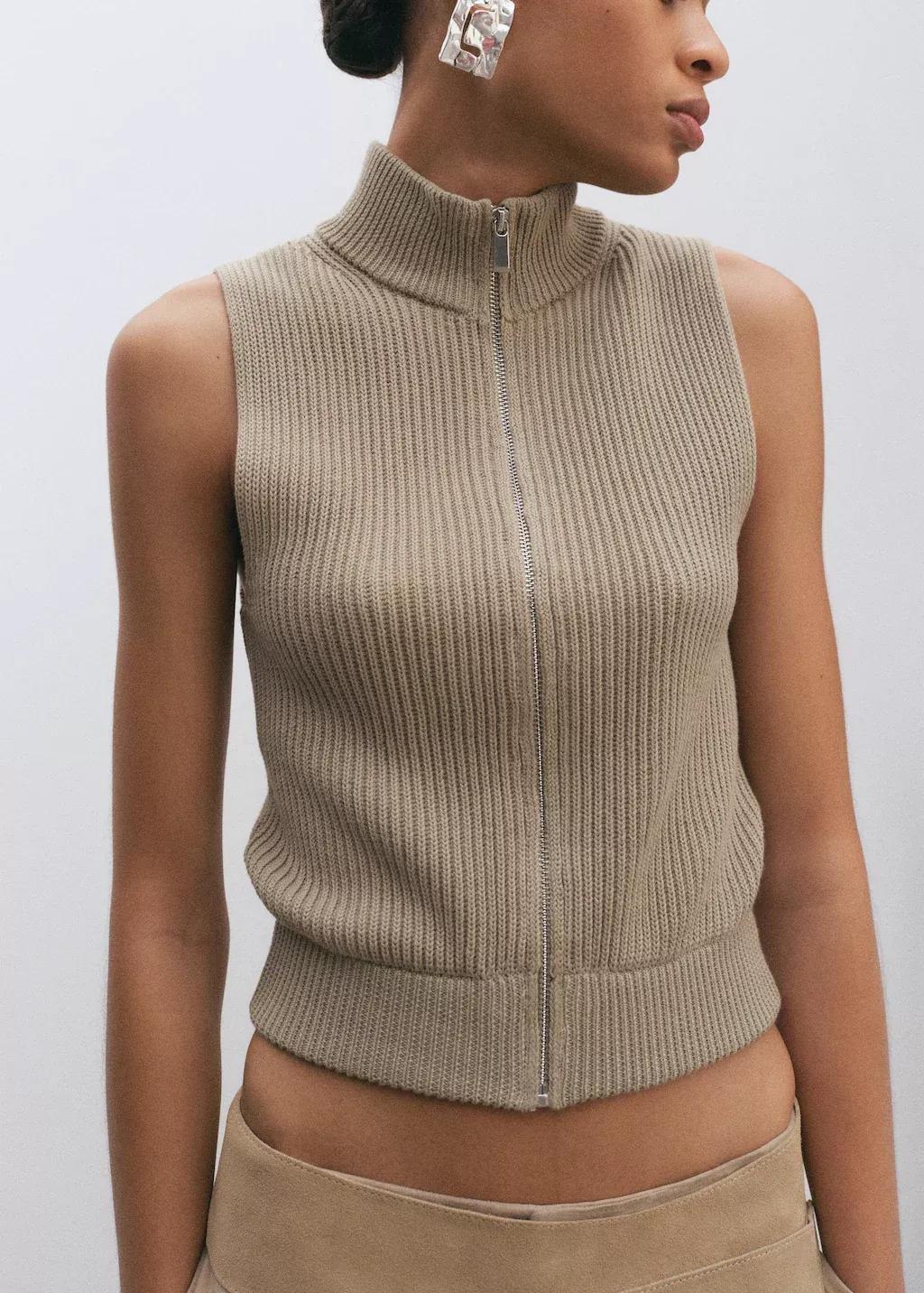 Khaki Ribbed Knitted Top With Zip, Beige - Khaki, large image number 5