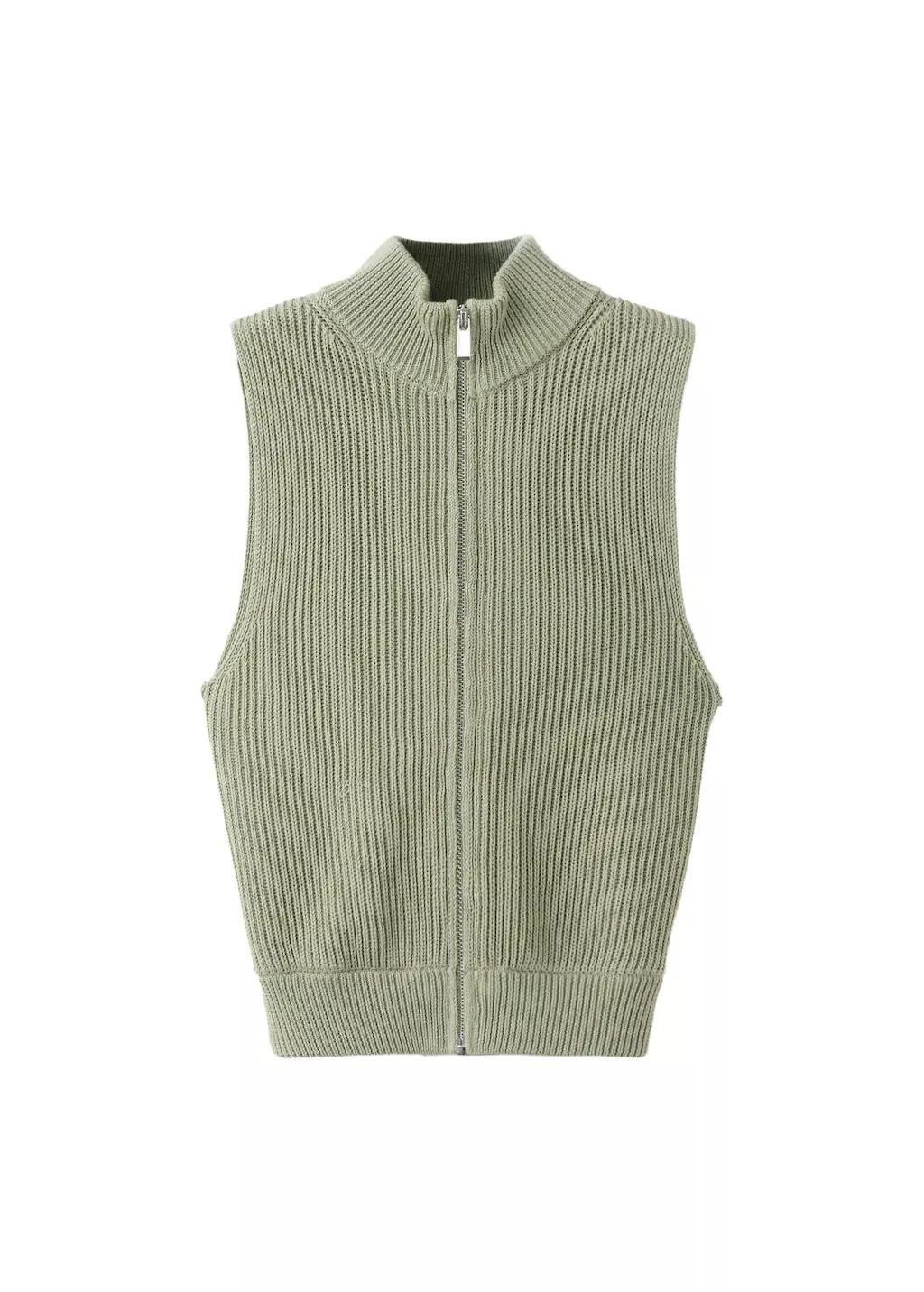 Khaki Ribbed Knitted Top With Zip, Beige - Khaki, large image number 6