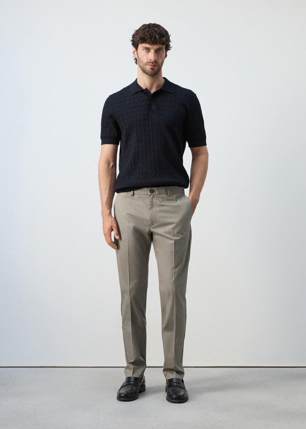 Beige 100% Cotton Twill Slim Fit Trousers, Light Beige, medium