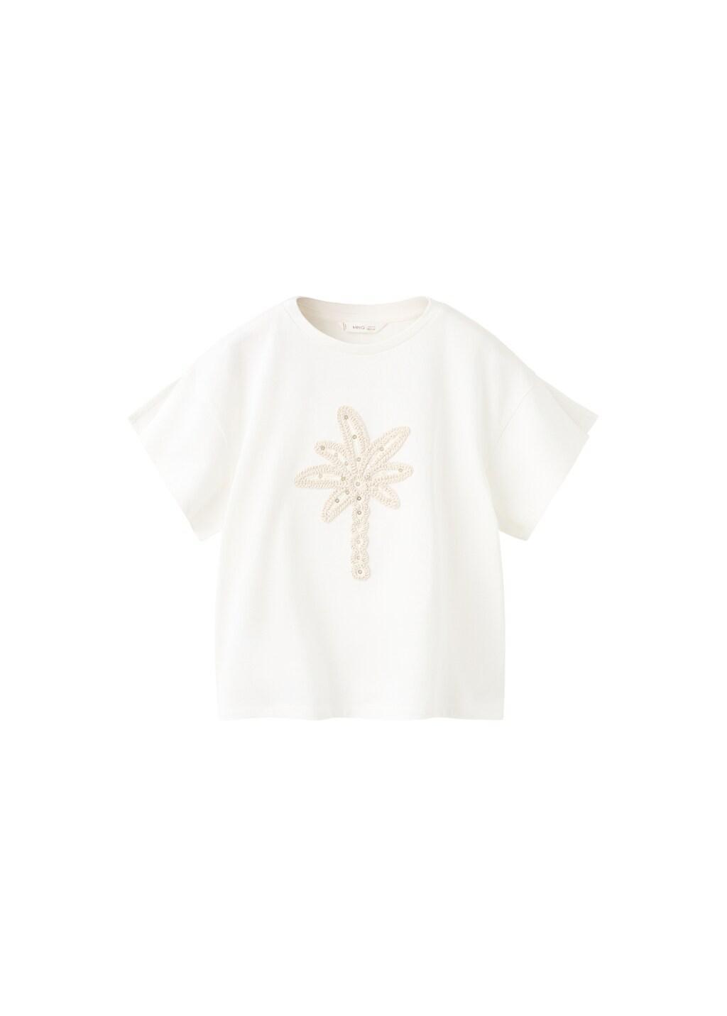 White Cotton T-Shirt With Embroidered Palm Tree, Kids Girl, Natural White, large image number 3