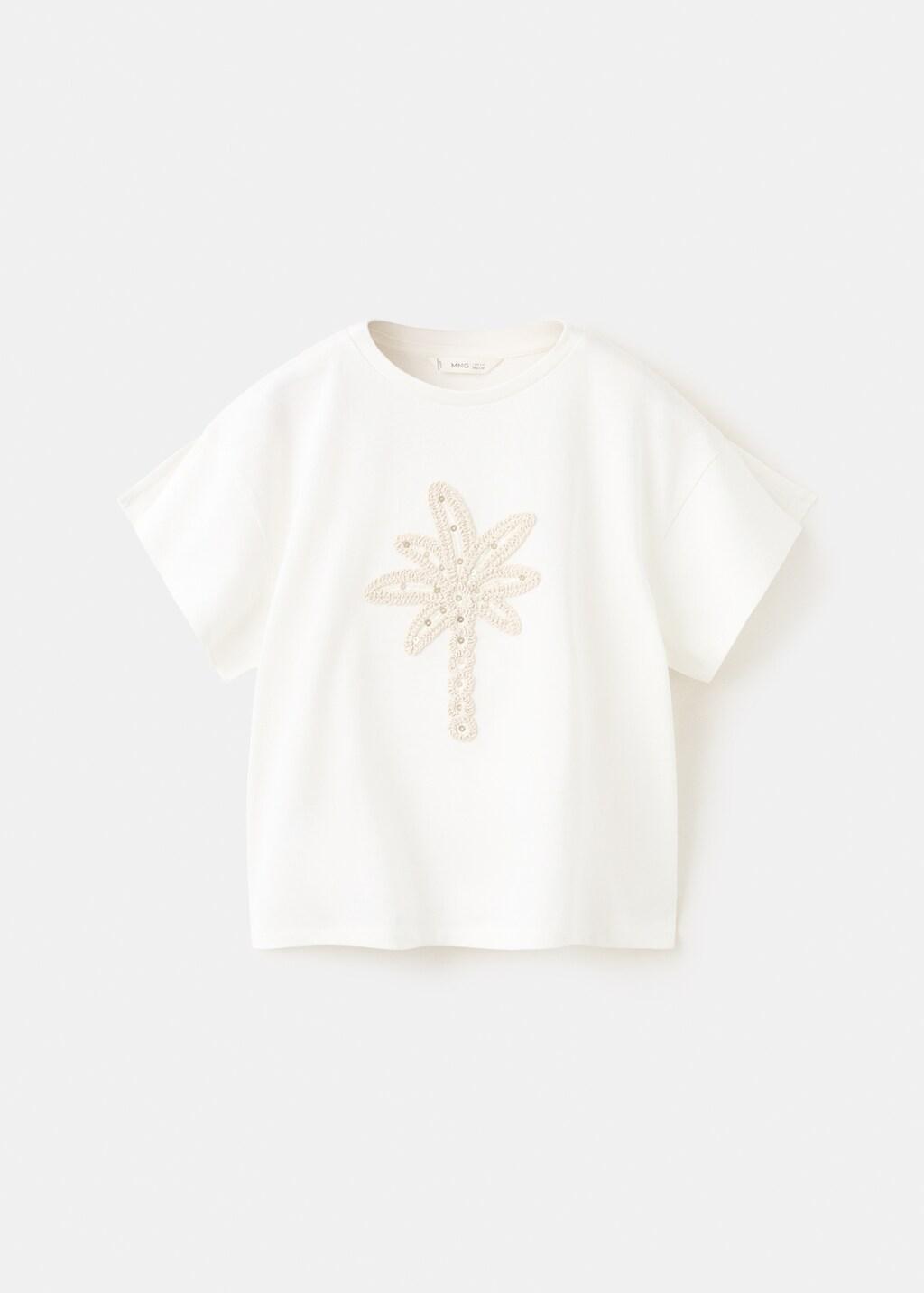 White Cotton T-Shirt With Embroidered Palm Tree, Kids Girl, Natural White, large image number 4
