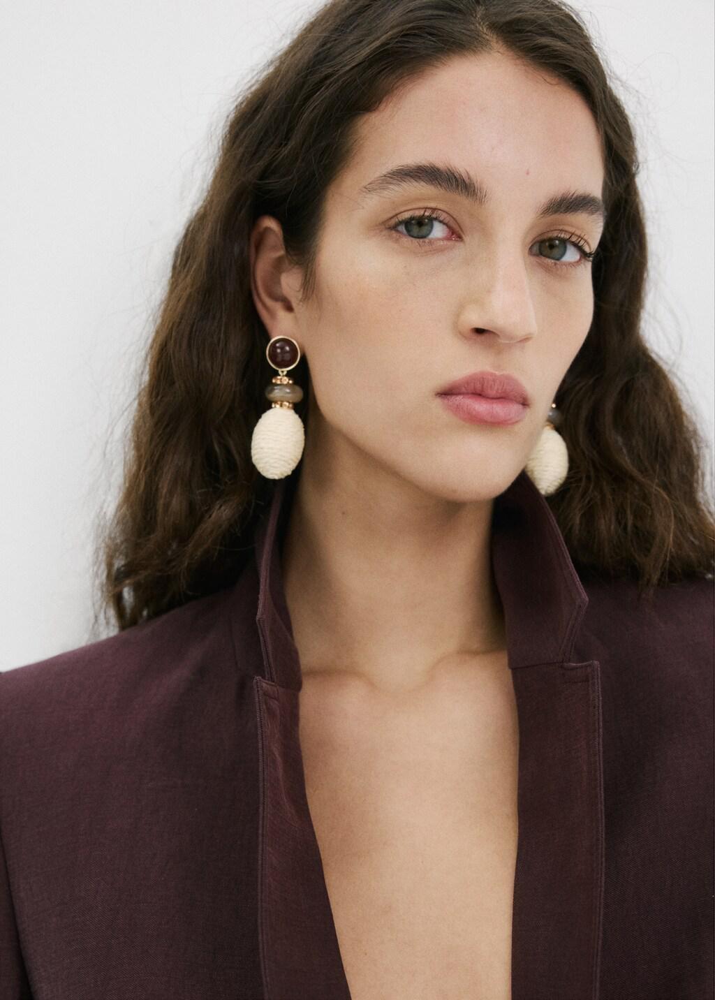 Beige Natural Fibre Hanging Earrings, Light Beige, medium
