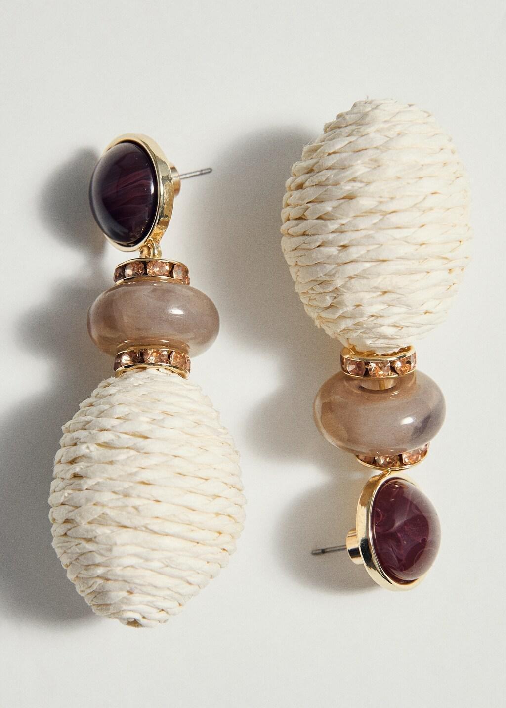 Beige Natural Fibre Hanging Earrings, Light Beige, medium