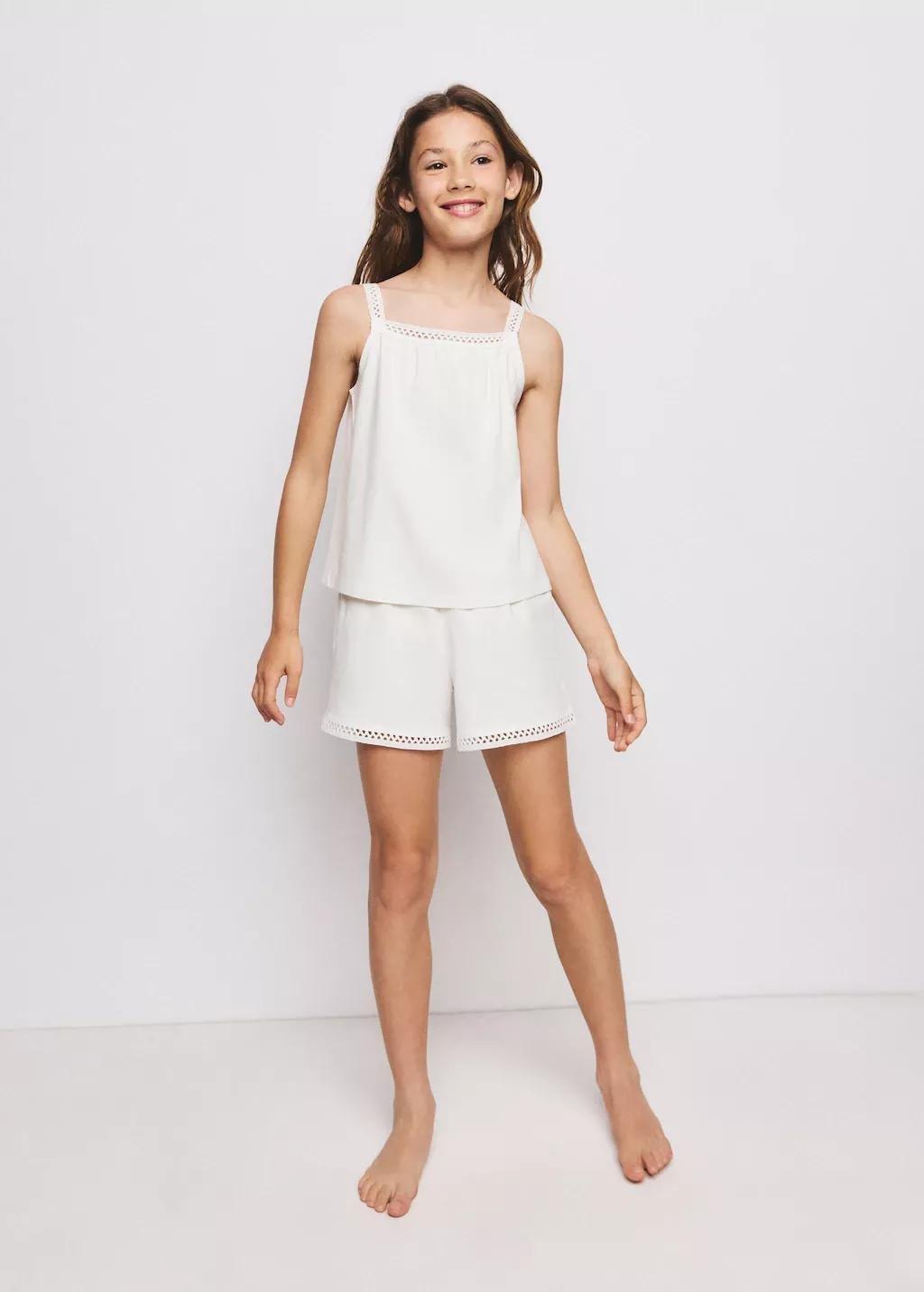 White Short Pyjamas With Openwork Details, Kids Girl, 0201_02, medium